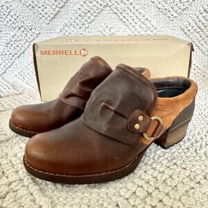 Merrell Women's Shiloh Clog Oak Brown Leather Block Heel Mules Size 6 Slip On